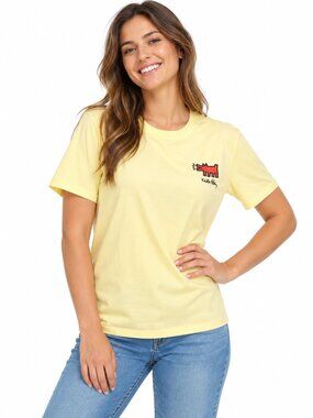 Keith Haring Tshirt Womens Graphic Tee Yellow Barking Dog Pet Pop Art Top New